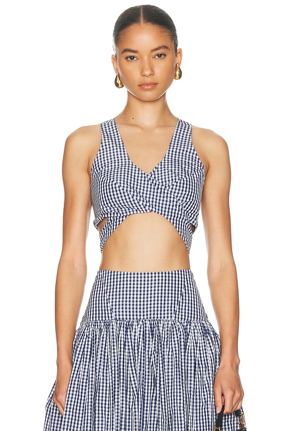 miu miu メッシュ　タンクトップ　キャミソール Miu Miu Cropped Denim Top in Blu | FWRD
