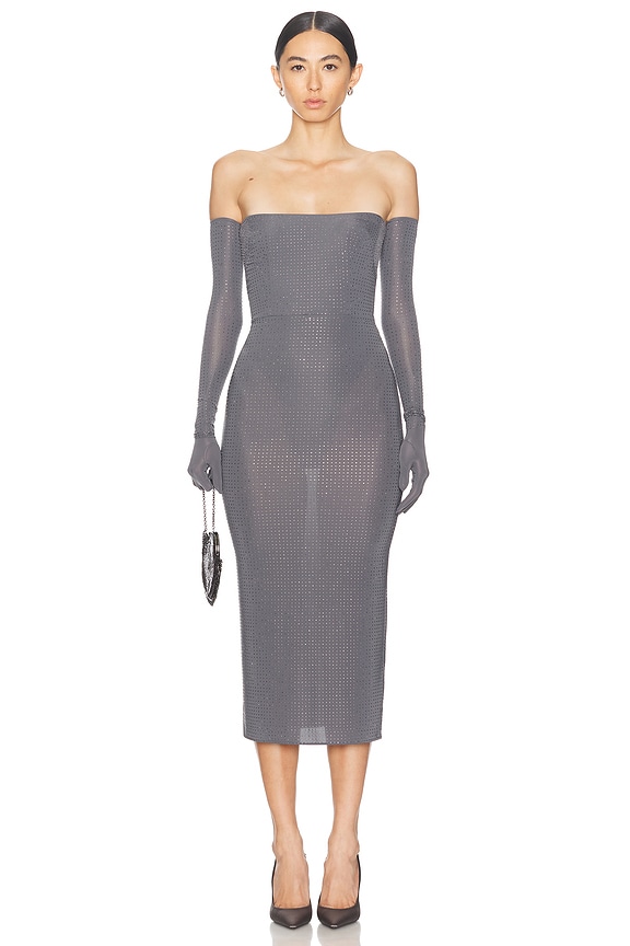 Norma Kamali Off Shoulder Fishtail Dress in Grey Leopard