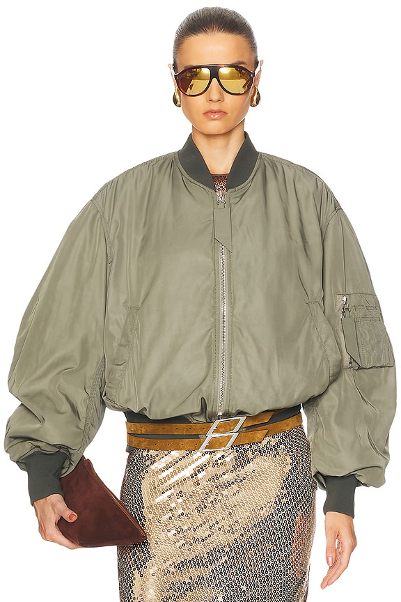 R13 Zip Collar Flight Jacket in Olive | FWRD