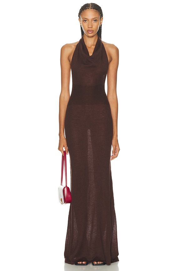 NICHOLAS Galilea High Neck Gold Trim Maxi Dress in Espresso | FWRD