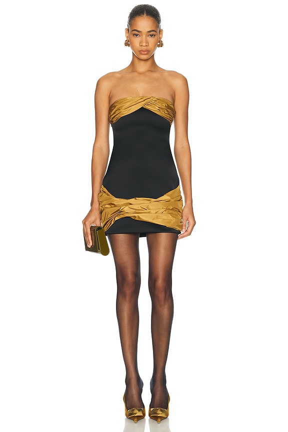 Bottega Veneta Metal Satin Ruffle One Shoulder Dress in Black | FWRD