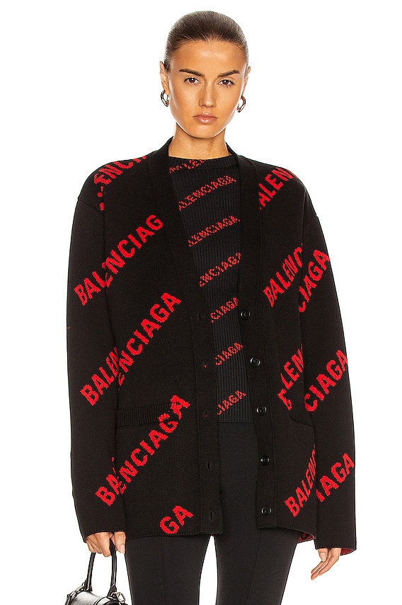 Balenciaga Long Sleeve Logo Cardigan in Black & Red | FWRD