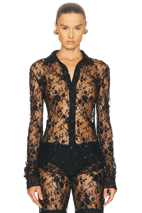 Miu Miu Sheer Polka Dot Shirt in Blu & Avorio | FWRD