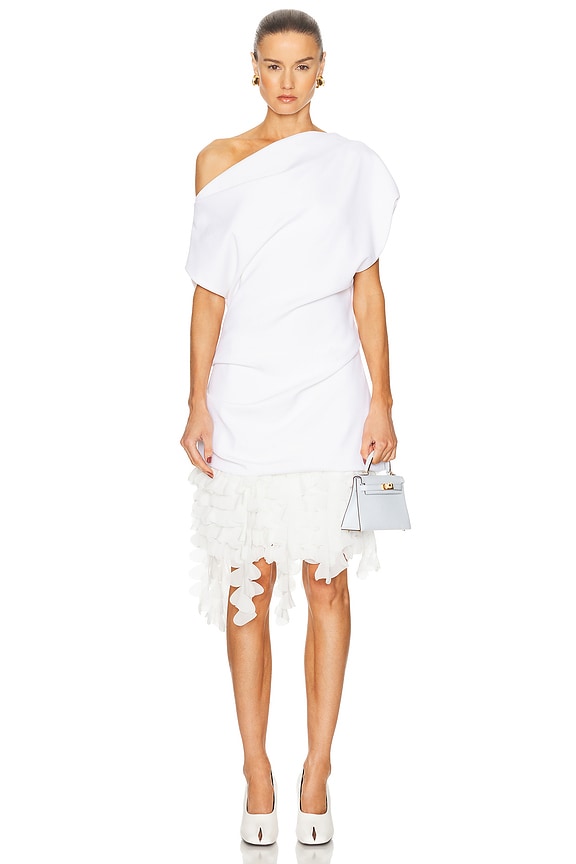 ALAÏA Off Shoulder Asymmetric Dress in Blanc Optique | FWRD