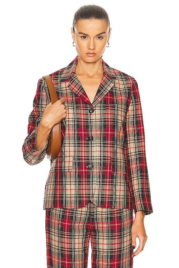 Miu Miu Plaid Cropped Jacket in Rubino | FWRD Miu Miu Plaid Cropped Jacket in Rubino | FWRD