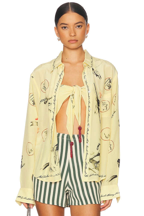 Christopher Esber Ruched Crop Shirt in Fern Paisley Print | FWRD Christopher Esber Ruched Crop Shirt in Fern Paisley Print | FWRD