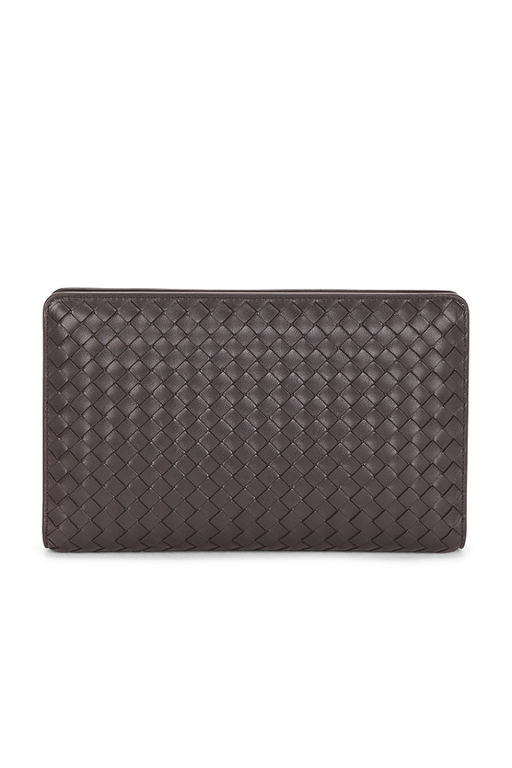 Bottega Veneta Mezzanotte Clutch in Midnight & Brass Vibrato | FWRD