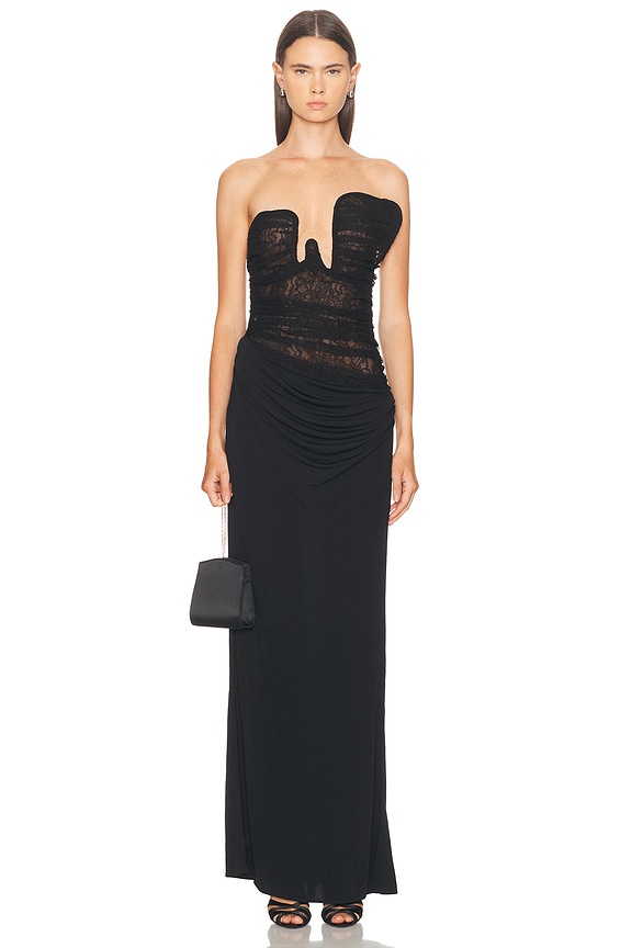NICHOLAS Morgan Strapless Seamed Midi Dress in Antique Floral Black | FWRD
