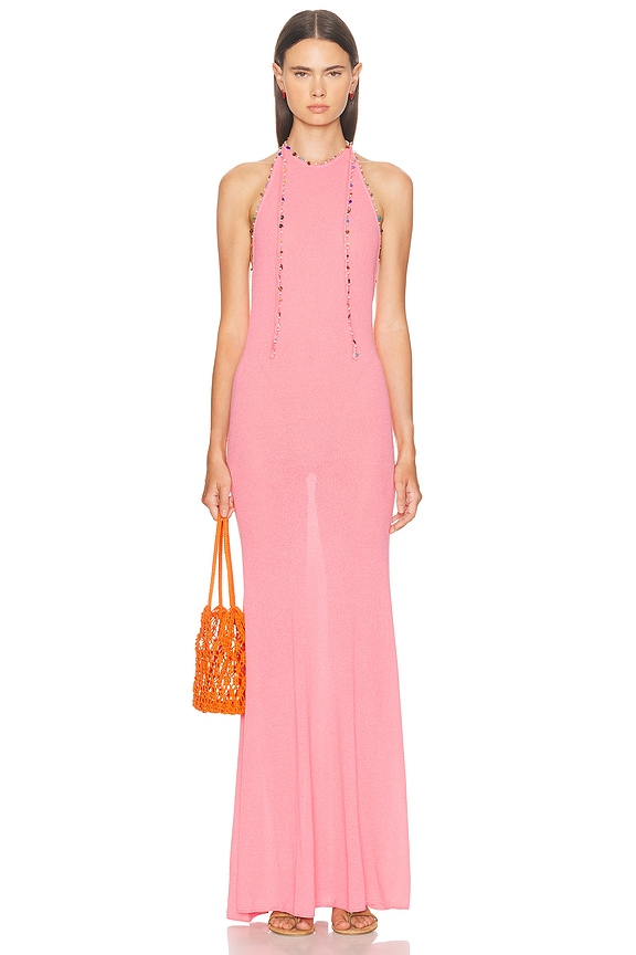 PatBO Halterneck Maxi Dress with Beaded Fringe in Fuchsia | FWRD