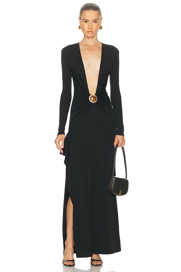 Nensi Dojaka Deep V-Neck Draped Bra Long Sleeve Dress in