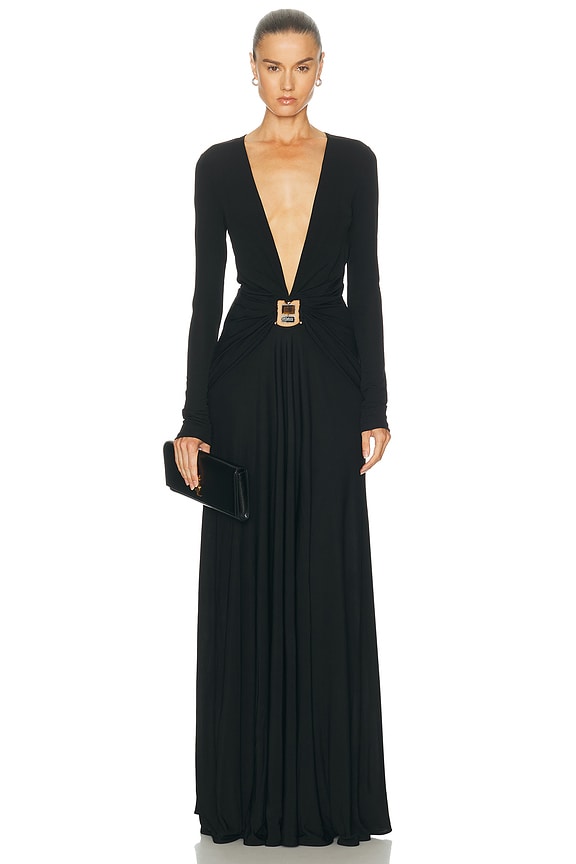 christopher esber long sleeve dress Christopher Esber Contour Suede Belted Long Sleeve Gown in Black & Deep  Sand