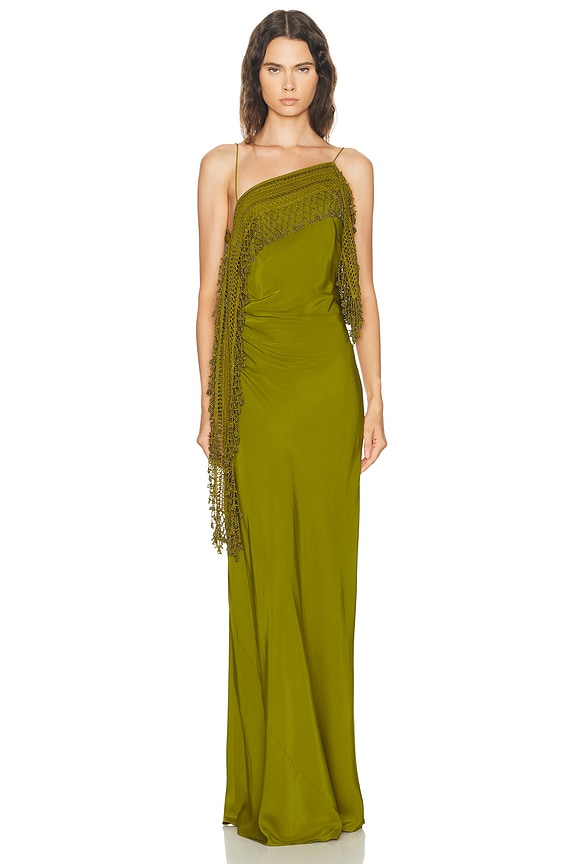 green and yellow dress Asymmetrical Olive Green Dress with Side Tail XS