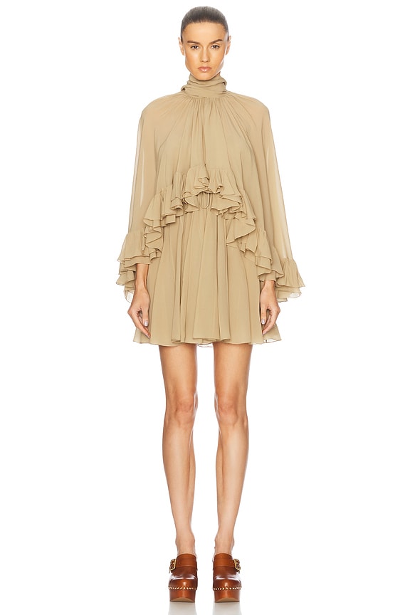 Chloe Chiffon Mini Dress in Macadamia Brown | FWRD