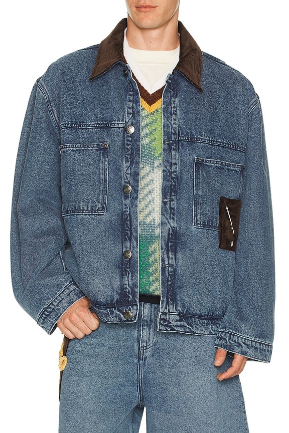 OFF-WHITE Diagonal Spray Denim Jacket in Vintage Wash & White | FWRD