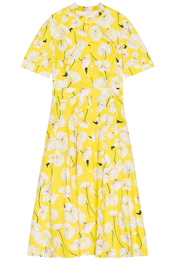 knee length dresses for ladies Yellow Floral Silk Buttoned Midi Dress