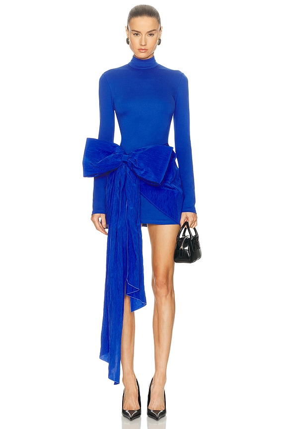 attico blue feather dress High Slit U-Neck Chiffon Bridesmaid Dress with Ruffle Sleeves and Open Back  Bow Detail main image 0