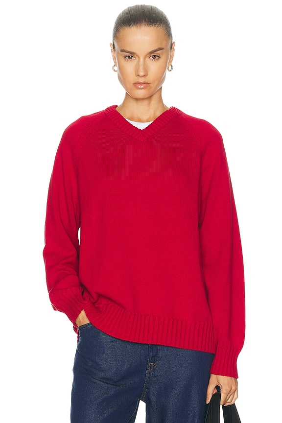 BODE Bucky Pullover Sweatshirt in Red & Ecru | FWRD