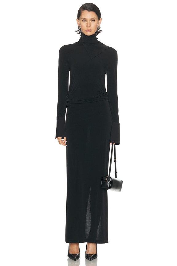 Norma Kamali Longsleeve Shoulder Pad Turtleneck Flared Dress in Black | FWRD