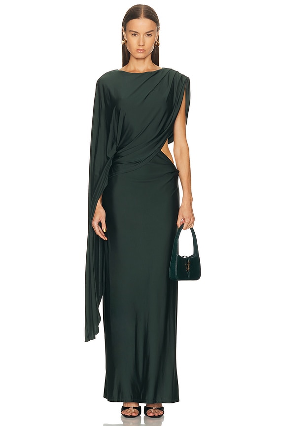 Victoria Beckham Long Sleeve Ruched Gown in Black & Algae | FWRD
