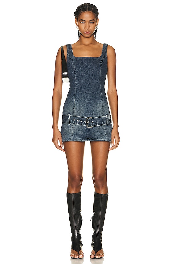 AREA Jumbo Crystal Denim Mini Dress in Medium Wash | FWRD
