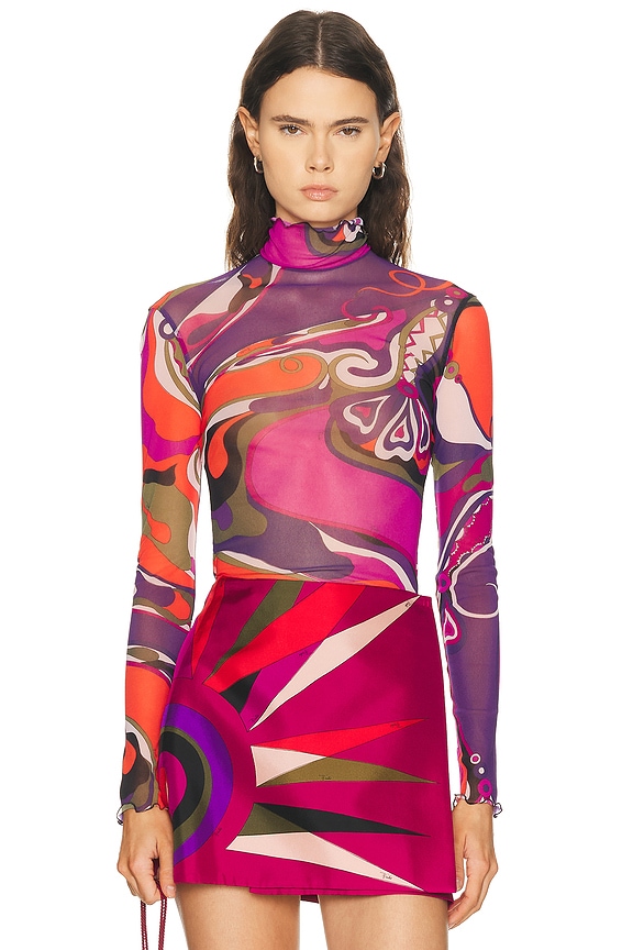 EMILIO PUCCI 抽象柄 長袖ニット Emilio Pucci Bi Stretch Tulle Long Sleeve Onde T-Shirt in Navy