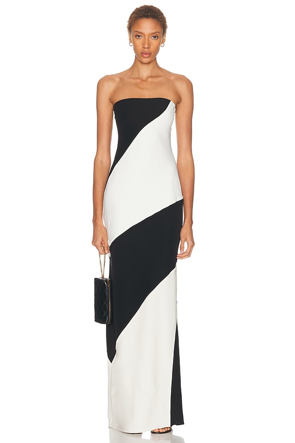 BALMAIN Bustier Stripe Draped Jersey Long Slit Dress in Noir & Lanc | FWRD