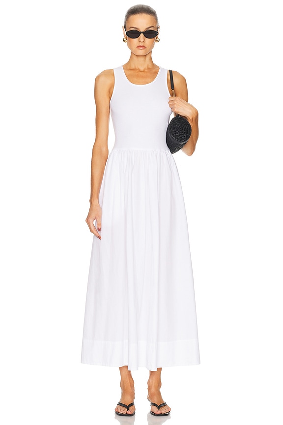 Helsa Stretch Cotton Sateen Midi Dress in White | FWRD Helsa Stretch Cotton Sateen Midi Dress in White | FWRD