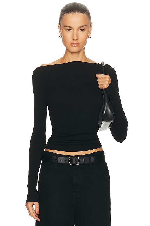 Helsa Matte Jersey Drape Shoulder Top in Black | FWRD