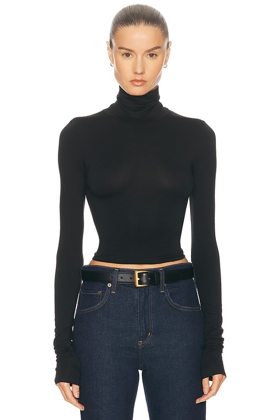 Norma Kamali Cropped Slim Fit Long Sleeve Turtleneck Top in Black