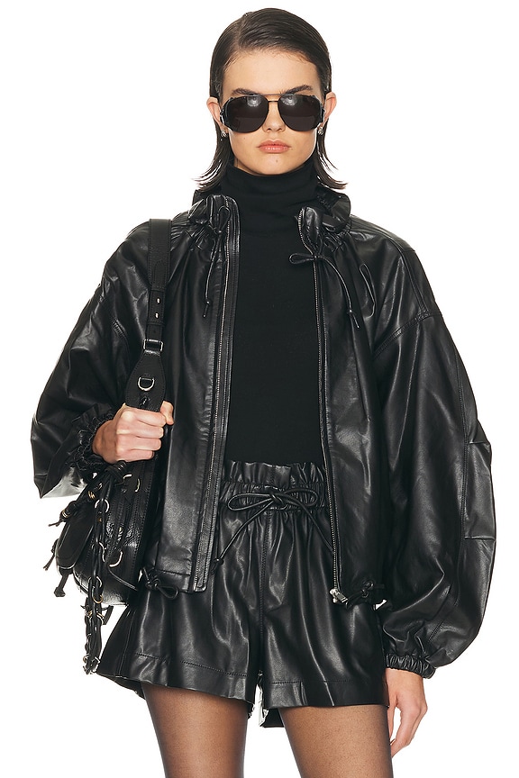 AEXAE Leather Cinched Mid Jacket in Black | FWRD
