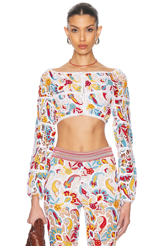 Dolce & Gabbana Long Sleeve Sequin Crop Top in Silver | FWRD