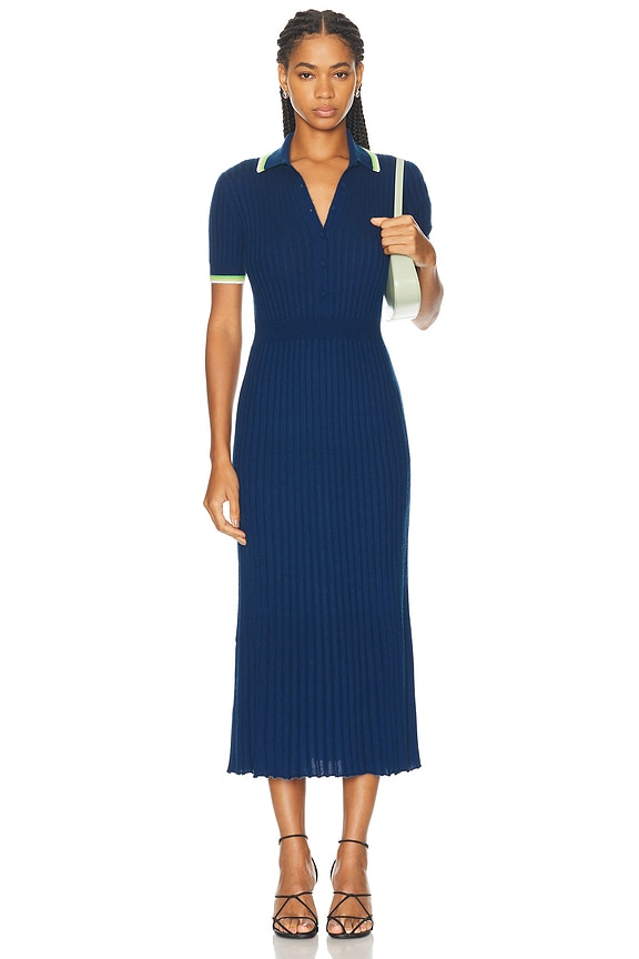 Rowen Rose Long Polo Dress in Navy Blue & White Polka Dots | FWRD