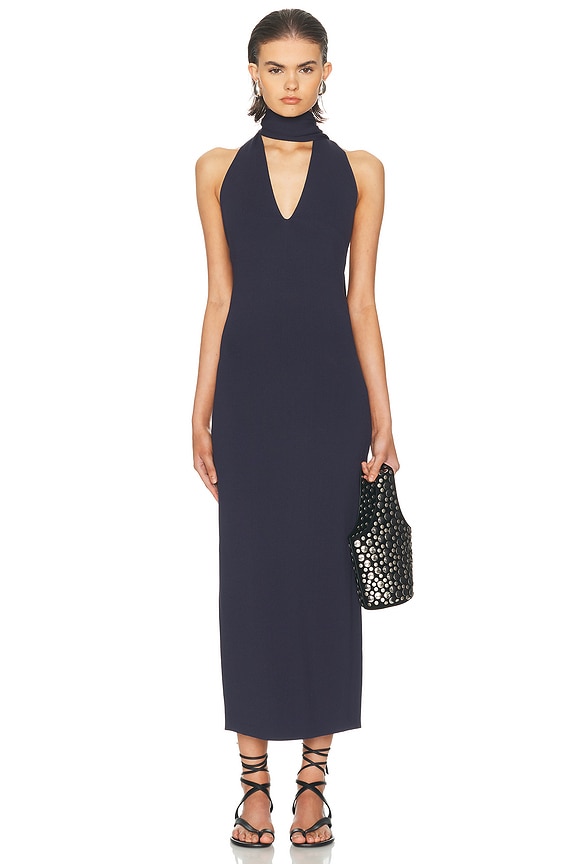 Norma Kamali Halter Turtle Side Slit Gown in True Navy | FWRD