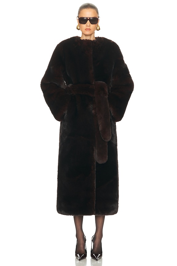 AEXAE Faux Fur Long Line Belted Coat in Brown | FWRD