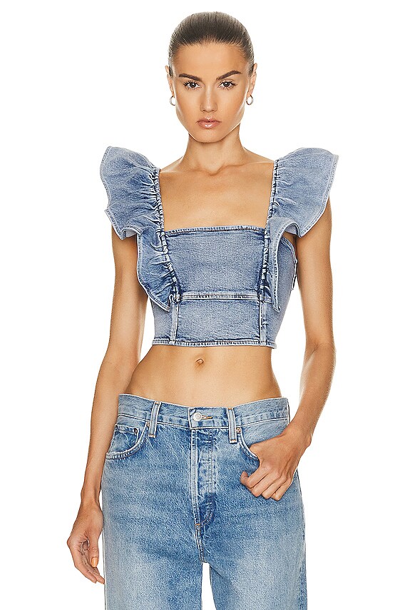 Ganni Jacquard Denim Wide Pants in Mid Blue Stone | FWRD