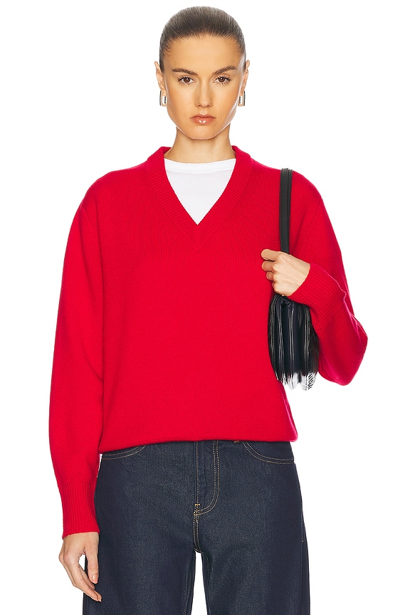 COMME des GARCONS PLAY Double Emblem V Neck Sweater in Red