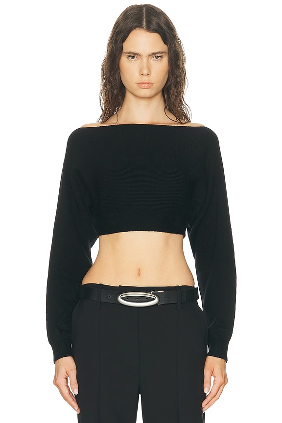 BALMAIN Off the Shoulder Crop Sweatshirt in Noir & Blanc Casse | FWRD