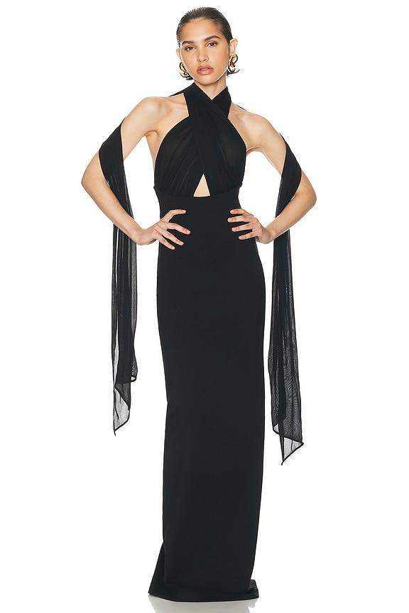 【関税込み】saint laurent CURLED DRESS Saint Laurent Halter Neck Maxi Dress in Noir | FWRD
