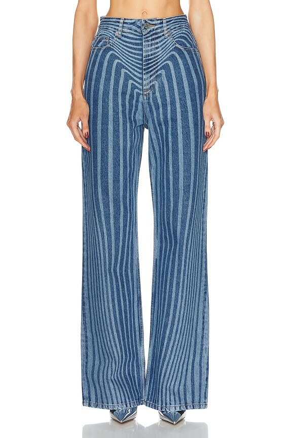 Ganni Jacquard Denim Flounce Tie Blouse in Mid Blue Stone | FWRD