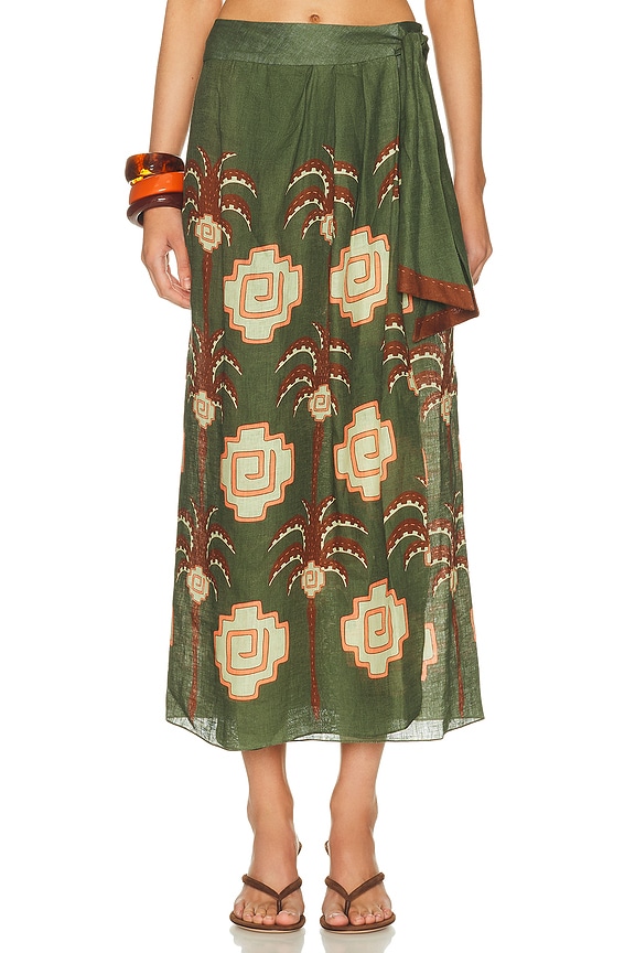Zimmermann Everley Tiered Midi Skirt in Green Watercolour