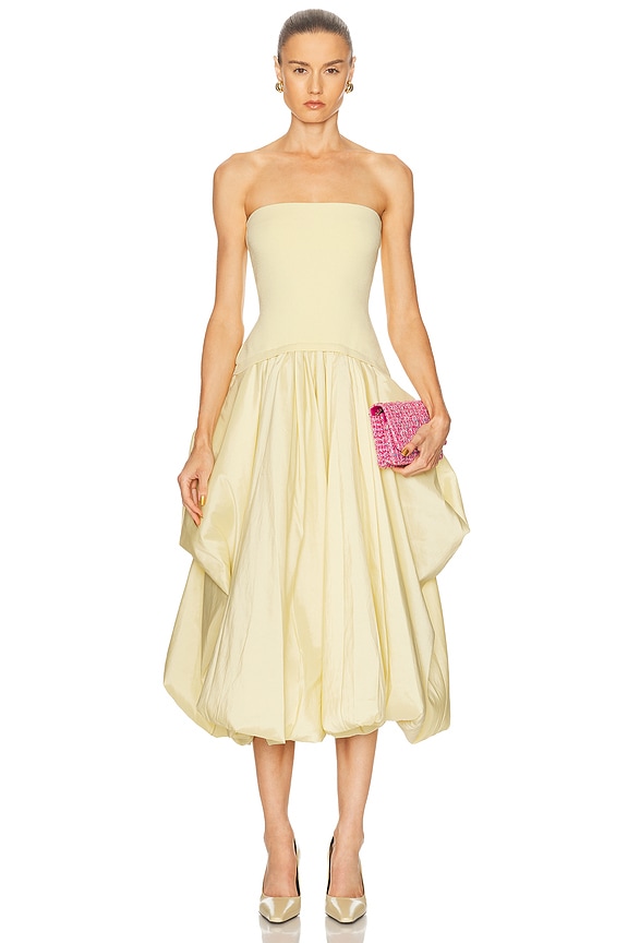 SIMKHAI Adalys Bustier Midi Dress in Tangerine | FWRD SIMKHAI Adalys Bustier Midi Dress in Tangerine | FWRD