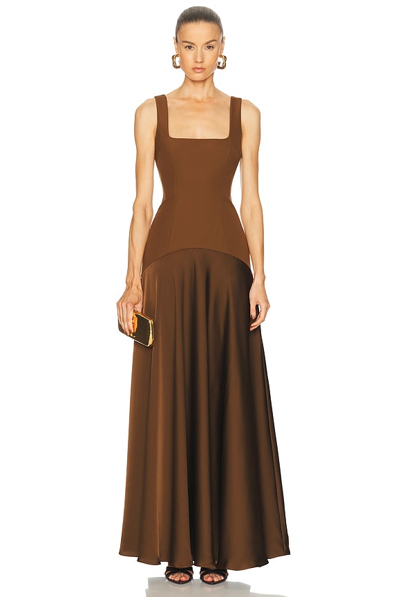 Helsa Sheer Ruffled Long Dress in Chocolate Brown | FWRD