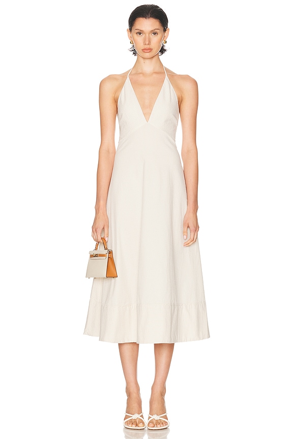 strapless open back dress Women's V-Neck Midi Dress with Tie Belt and Pleated Skirt – Serenmae main image 1