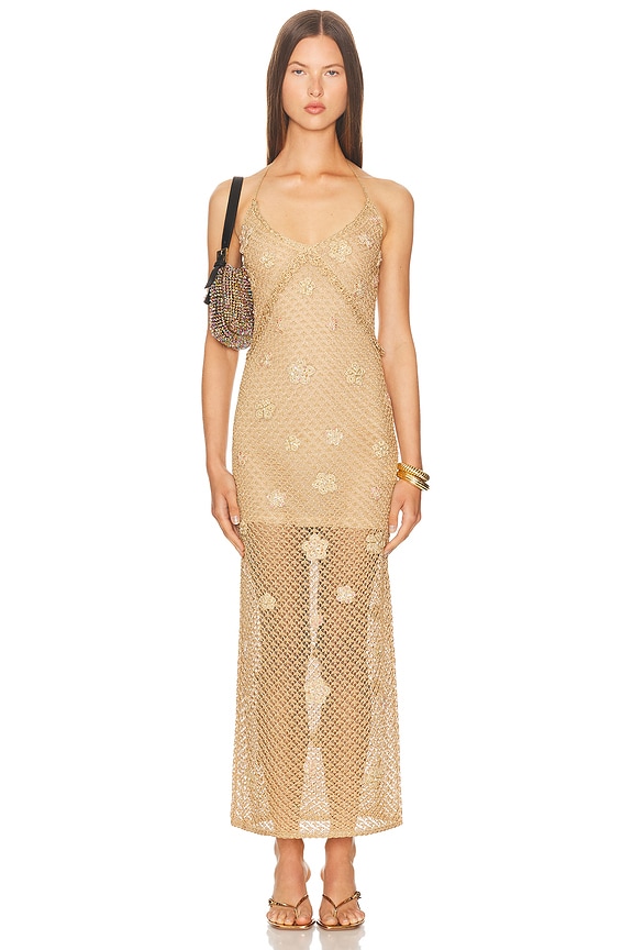 Ganni Metallic Long Dress in Golden | FWRD Ganni Metallic Long Dress in Golden | FWRD