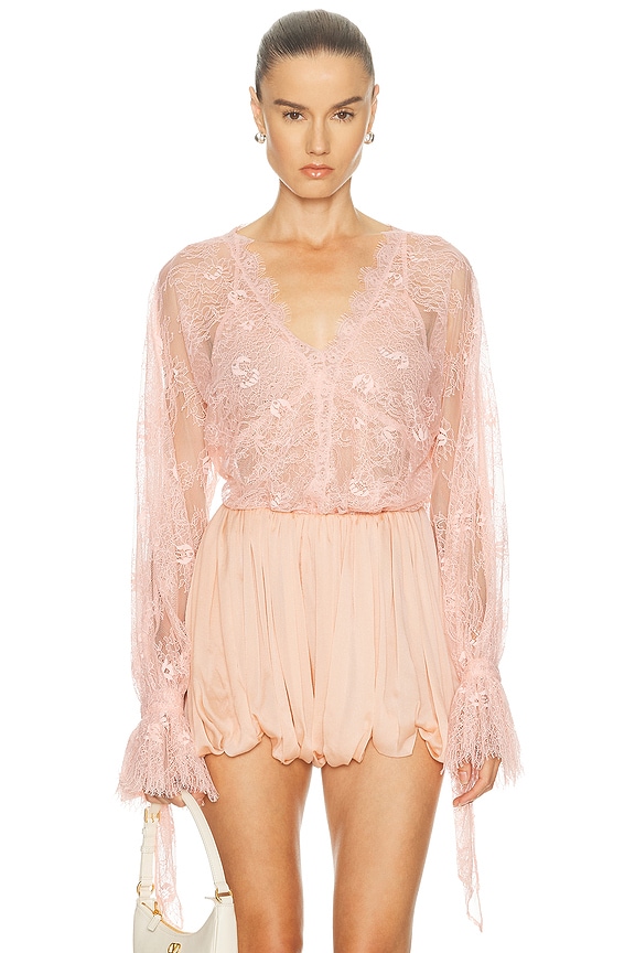 SIMKHAI Mixed Knit Lace Mock Neck Bodysuit in Cherry Blossom