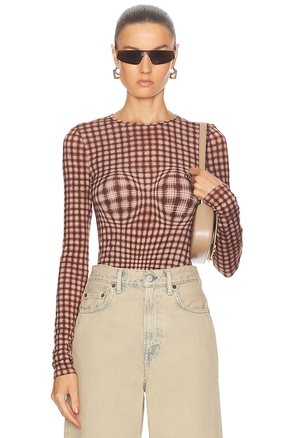 Acne Studios Sheer Plaid Turtleneck Top in Pink & Bronze | FWRD