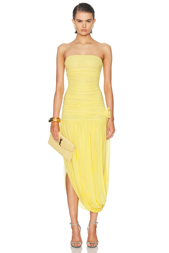 norma kamali diana dress gold NORMA KAMALI Diana strapless ruched metallic stretch-jersey gown