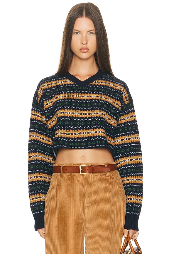 Miu Miu Logo Long Sleeve Cashmere Cardigan in Bleu & Bianco | FWRD