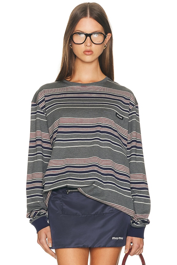 Miu Miu Long Sleeve T-Shirt in Grigio & Navy | FWRD