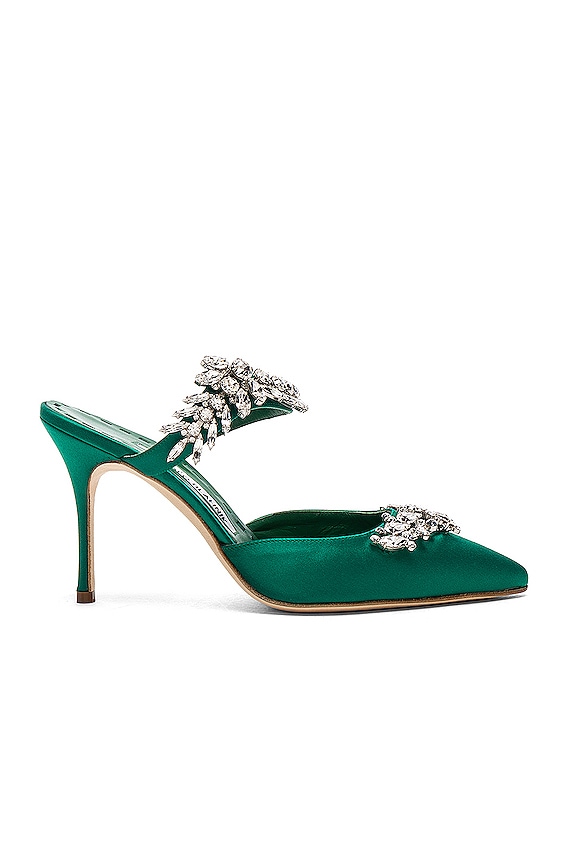 Manolo Blahnik Satin Hangisi 70 Mules in Green Satin | FWRD